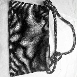 Vintage Handmade Beaded Evening Bag 1990s, Black Crystal Mesh, Zipper Closure